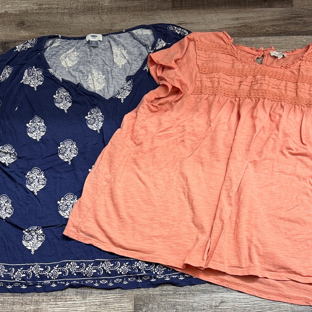 Blue and Coral Short Sleeve Tops